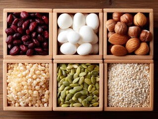 Overhead View of Assorted Nuts Seeds and Grains Arranged in Wooden Boxes on Wooden Surface