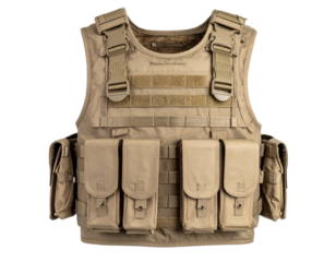 Worn Tactical Vest on Invisible Mannequin Torso, Slight Shadow, Transparent PNG