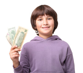 Boy with pocket money on white background