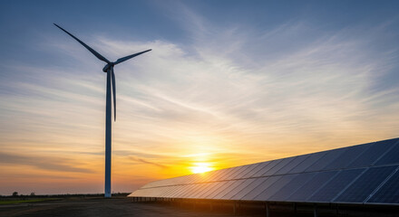 Obraz premium Alternative energy sources including wind turbine and solar panels generate sustainable electricity in rural area at sunset. Alternative energy is vital for reducing emissions and climate change.