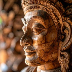 Obraz premium Balinese Wooden Sculpture Close-Up Hand-Carved With Fine Details In Traditional Workshop