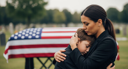 Mourning death loss, grieving woman and child embracing by casket draped with American flag at cemetery, in moment of grieving death loss. Grieving death loss represents sorrow,