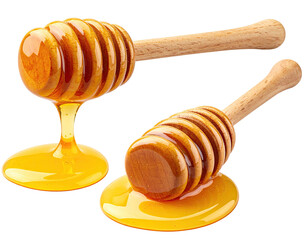 Three honey dippers dripping with honey