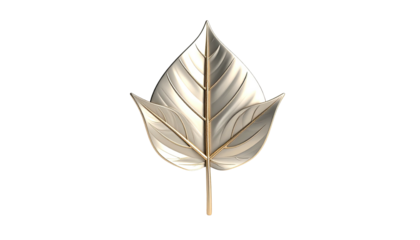A lustrous, metallic leaf emblem with three distinct leaflets, against a dark backdrop