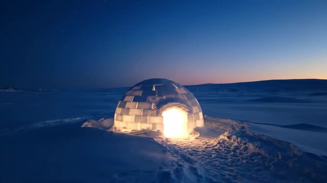 Igloo Glows in the Arctic Landscape at Dusk, Illuminating the Snowy Plain