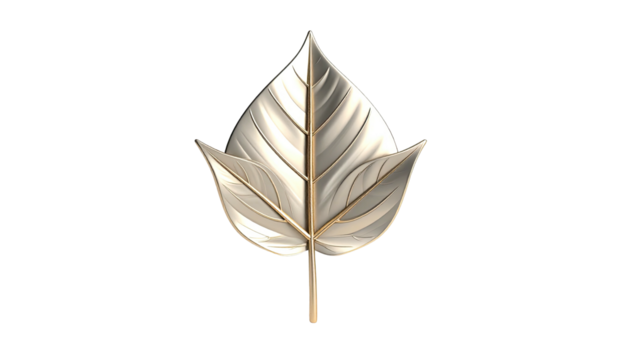 A lustrous, metallic leaf emblem with three distinct leaflets, against a dark backdrop