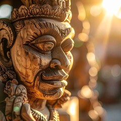 Obraz premium Overhead Close-Up Of Balinese Hand-Carved Wooden Sculpture With Intricate Details And Natural Light