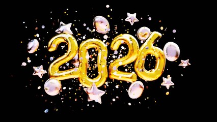 The year 2026 in gold and silver helium balloons with confetti on a black background 