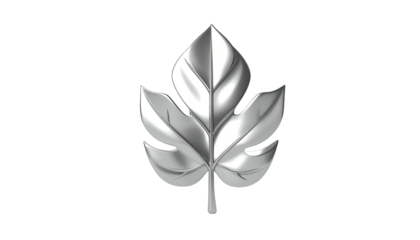 Metallic, silver-colored leaf, three-dimensional, set against a black background