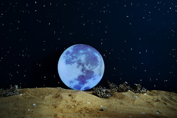 Majestic giant Moon rising above alien planet surface under sparkling starry sky, symbol of cosmic and interplanetary exploration. Night scene of glowing Moon seen from distant planet surface.