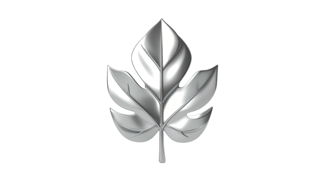 Metallic, silver-colored leaf, three-dimensional, set against a black background