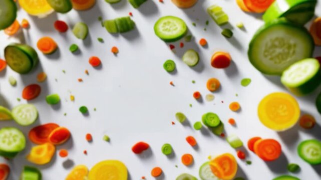 Colorful cucumber, carrot, and pepper slices arranged in a circular pattern on a white background.