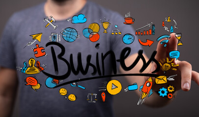 Obraz premium Conceptual image of a person interacting with business elements, including rocket, cloud, globe, and lightbulb.