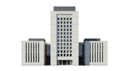 Isolated modern office building with many windows in an urban business center in a city