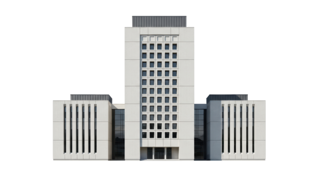 Isolated modern office building with many windows in an urban business center in a city