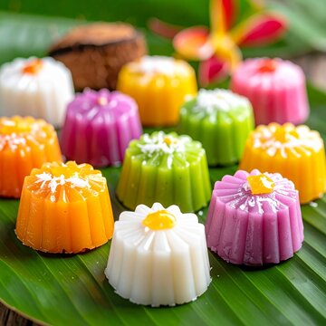 Overhead Shot Of Colorful Balinese Jaje Bali Traditional Cakes On Banana Leaf
