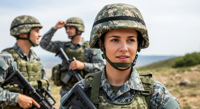 Armed forces personnel, a group of soldiers in camouflage uniform and helmet, stand at attention outdoors during military training. Armed forces showcase discipline and readiness,