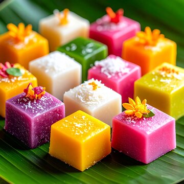 Balinese Colorful Traditional Jaje Bali Cakes On Banana Leaf In Rustic Setting