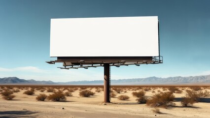 Obraz premium Solitary Blank Billboard in Arid Desert Landscape Under Clear Blue Sky