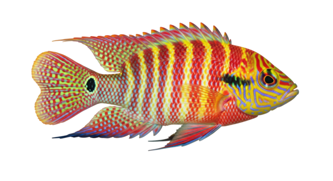Isolated exotic fish pet with bright colorful scales and stripes, vivid tropical aquarium animal - Powered by Adobe
