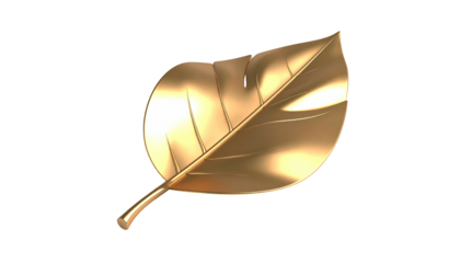 A gleaming, gold-colored leaf on a stark black background, rendered with smooth highlights