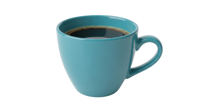 Isolated cyan coffee cup filled with dark brew for drinking and enjoying a beverage break