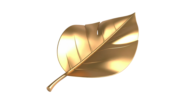 A gleaming, gold-colored leaf on a stark black background, rendered with smooth highlights