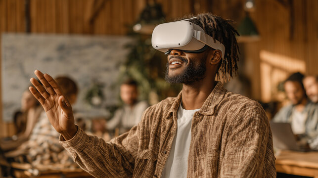 Black Entrepreneur Giving Virtual Reality Presentation to Team, Cinematic Spotlight, Bottom Copy Space – Futuristic Business Meeting and Tech Innovation Concept - Powered by Adobe