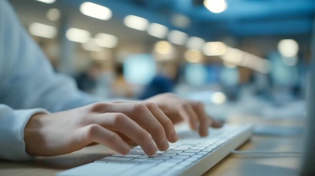 group of MBA students at hackathon creating business plan soft keyboard clicks faint buzzing of neon lights creative urgency three quarter wide angle cinematic color correction