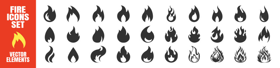 Fire flames icon set. Burning hot vector silhouettes on transparent background © Pavlo