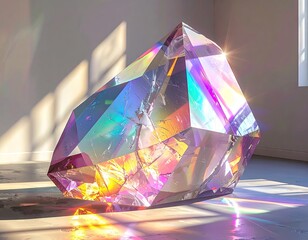 Large iridescent crystal refracting vibrant rainbow light casting spectral shadows.