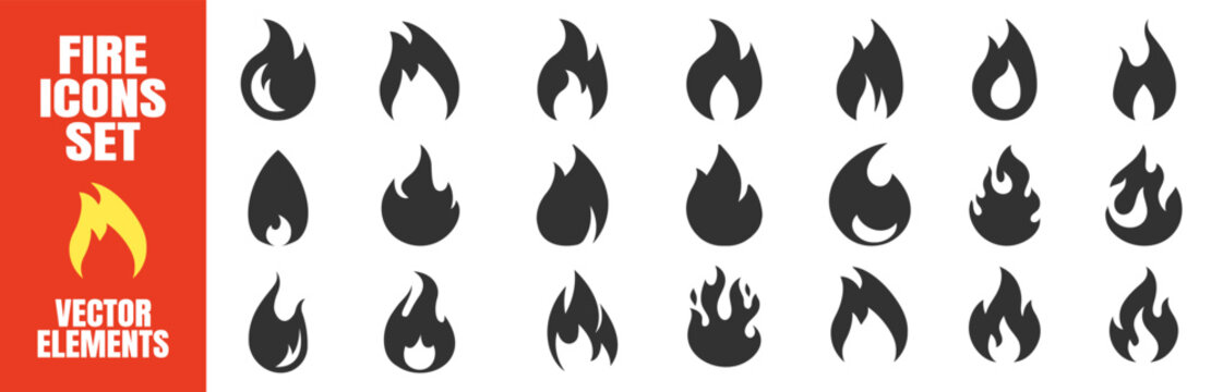 Fire flames icon set. Burning hot vector silhouettes on transparent background