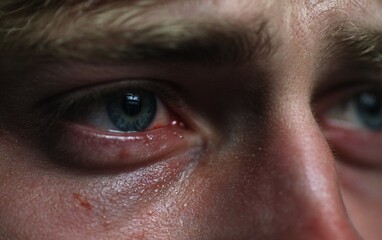 Fototapeta premium close-up of tear-stained eyes, tears streaming down the face of an attractive young man in his late twenties as he experiences deep emotional pain .