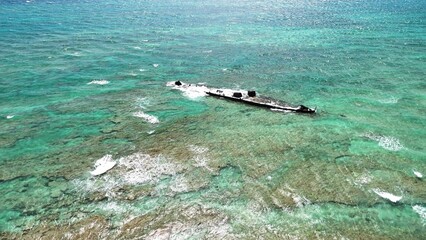 Aerial view of Mildura Wreck shipwreck on the coast of Exmouth, Western Australia from above