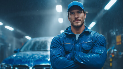 Close-up of car wash worker in blue uniform holding spray gun, looking at camera with confident expression, positioned on left side, right side clean copy space, cinematic workshop background