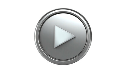 Shiny metallic play button with white triangle on a black background, 3D rendered