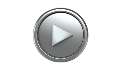 Shiny metallic play button with white triangle on a black background, 3D rendered