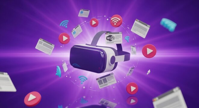 Immersive digital experience concept with virtual reality headset and data icons - Powered by Adobe