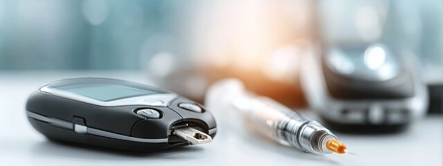Glucose meter and insulin pen on white table, cinematic scene for World Diabetes Day, diabetes care and awareness