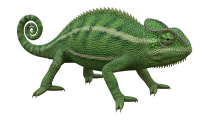 Isolated Green Chameleon, Tropical Reptile, Bright, Detailed Skin, and Curled Tail on Plainness