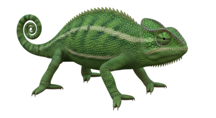 Isolated Green Chameleon, Tropical Reptile, Bright, Detailed Skin, and Curled Tail on Plainness