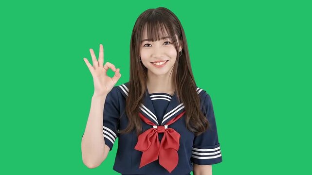 Cute Japanese girl in school uniform giving an ok hand sign. Isolated on green screen.