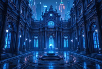Obraz premium Baroque Architecture in a Neon Lit Cyberpunk City, Sapphire and Chrome