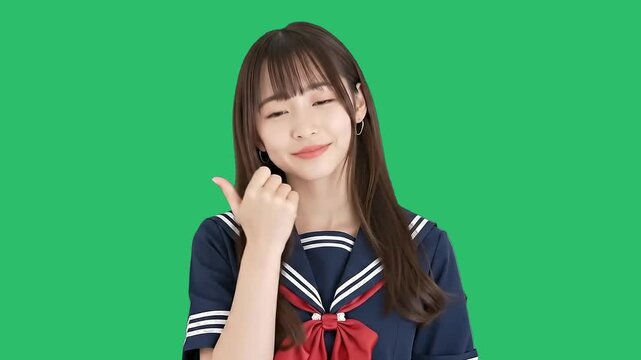 Japanese girl in school uniform with cute face expression isolated on green screen.