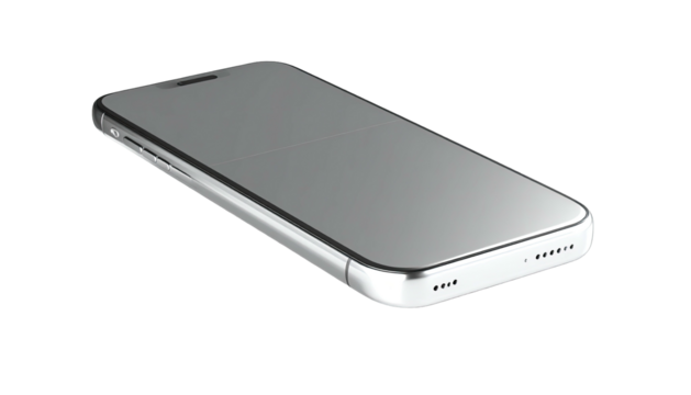 Sleek silver smartphone with a glossy screen, angled on a black background - Powered by Adobe