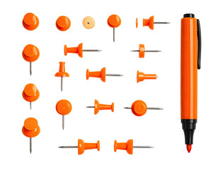Orange pushpins and marker on black
