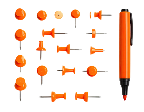 Orange pushpins and marker on black