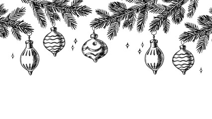 Christmas banner with hand drawn holiday ornaments. Festive mood, elegant vintage design. Vector sketch illustration.