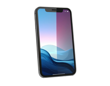 Angled smartphone displaying an abstract blue water wallpaper and gradient sky - Powered by Adobe