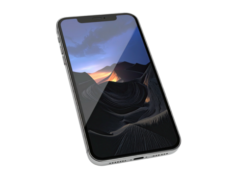 Angled, silver-framed smartphone shows a landscape scene on its dark screen